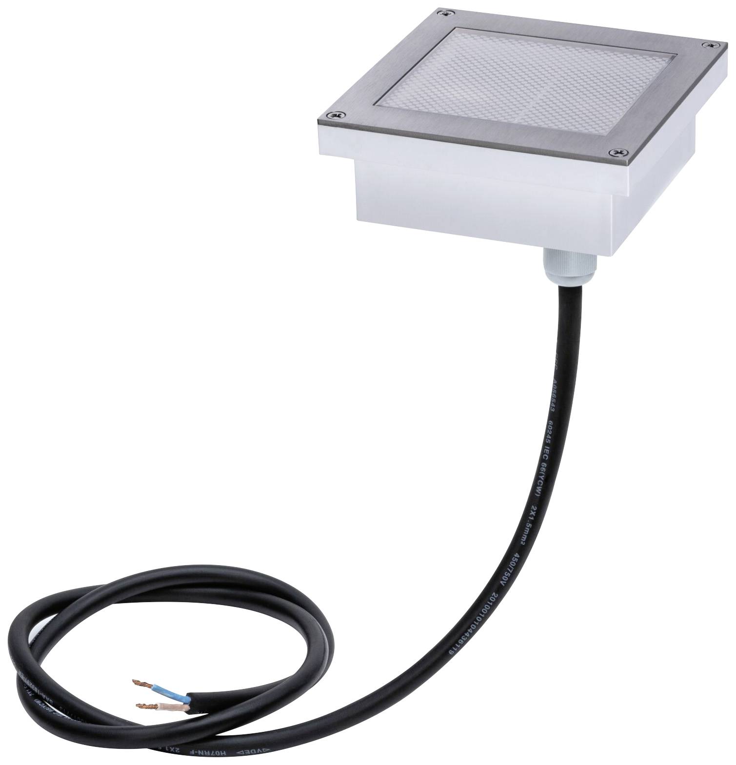 Een vierkante, zilveren buitenlamp met zwart snoer, geschikt voor vloer- of wandmontage.