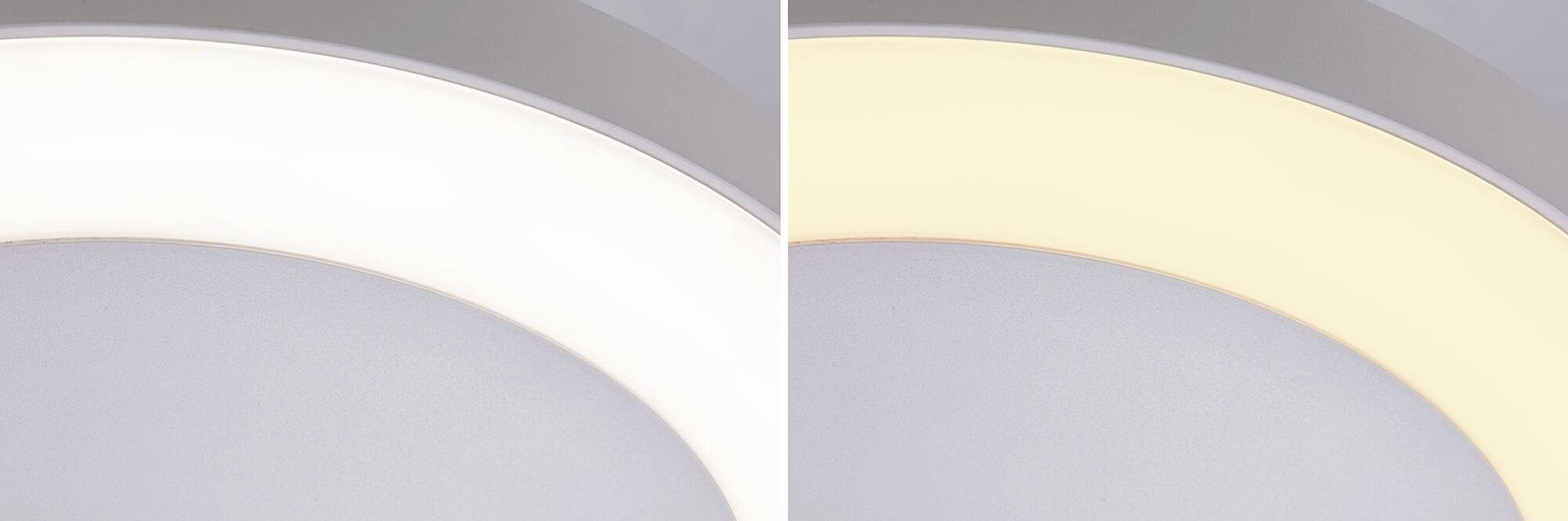 Een lamp in twee weergaven: links met koud wit licht, rechts met warm geel licht.