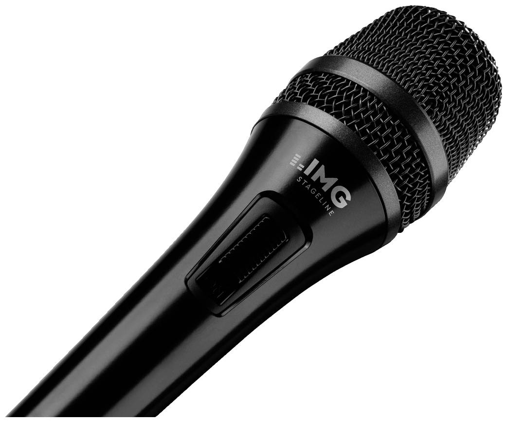 Een zwarte microfoon met een netgaasrooster en een schakelaar op de greep, geschikt voor podiumoptredens.