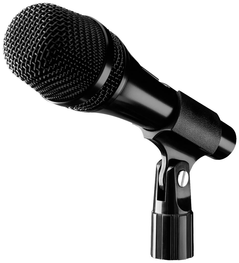 Een zwarte microfoon op een standaard, klaar voor een opname of uitvoering, voor een neutrale achtergrond.