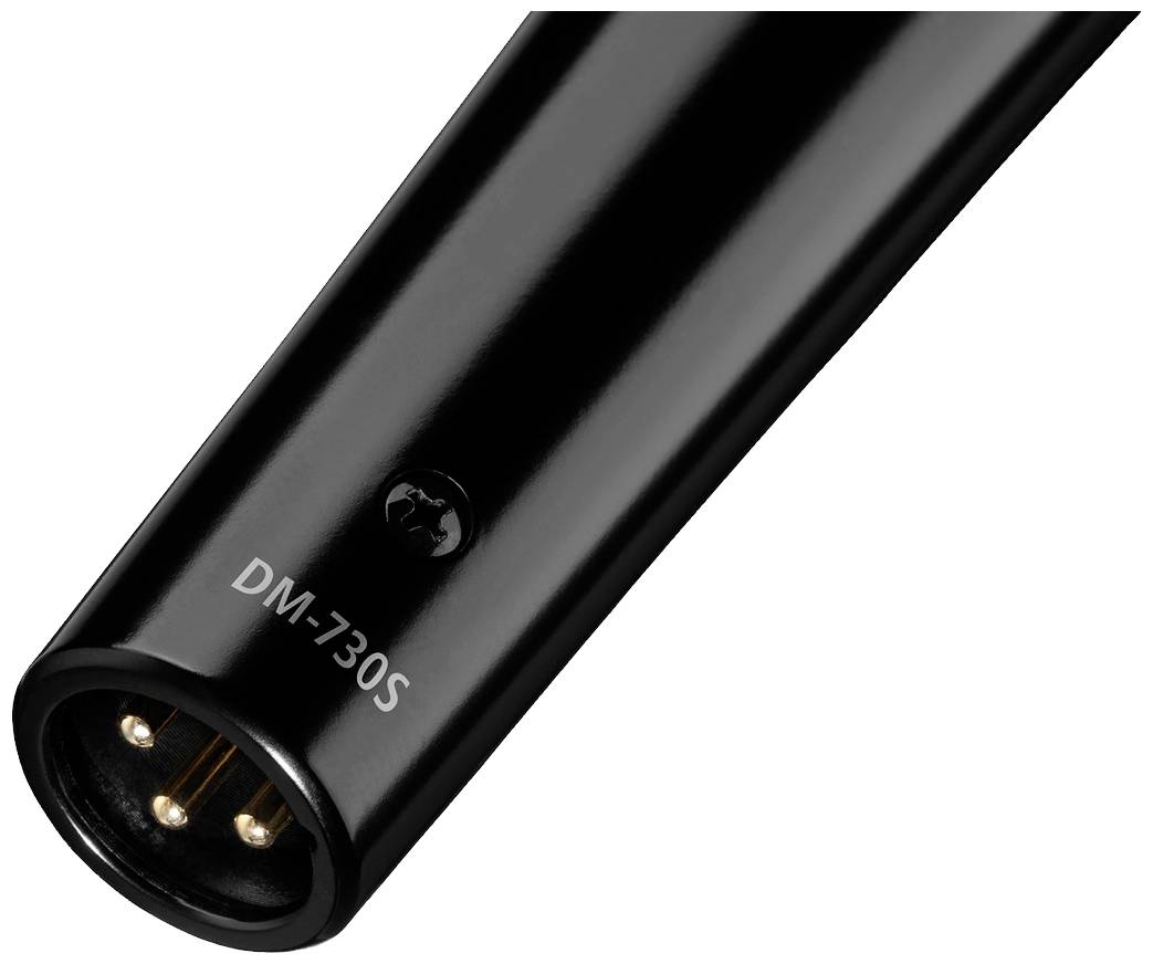 Zwart microfoon met de aanduiding 'DM-730S' zichtbaar aan de aansluitkant.