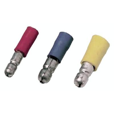 Drie geïsoleerde stekkers: rood, blauw en geel. De metalen punten zijn blootgelegd. Ze worden gebruikt voor het veilig verbinden van elektrische draden.