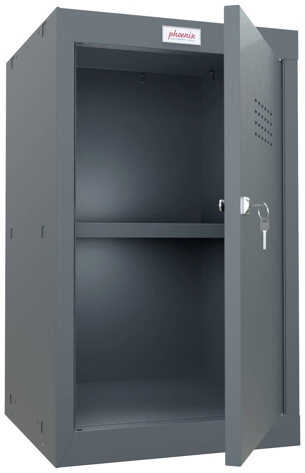 Grijze geverfde metalen kast met open deur, toont een plank aan de binnenkant. Aan de deur hangt een sleutel in het slot.