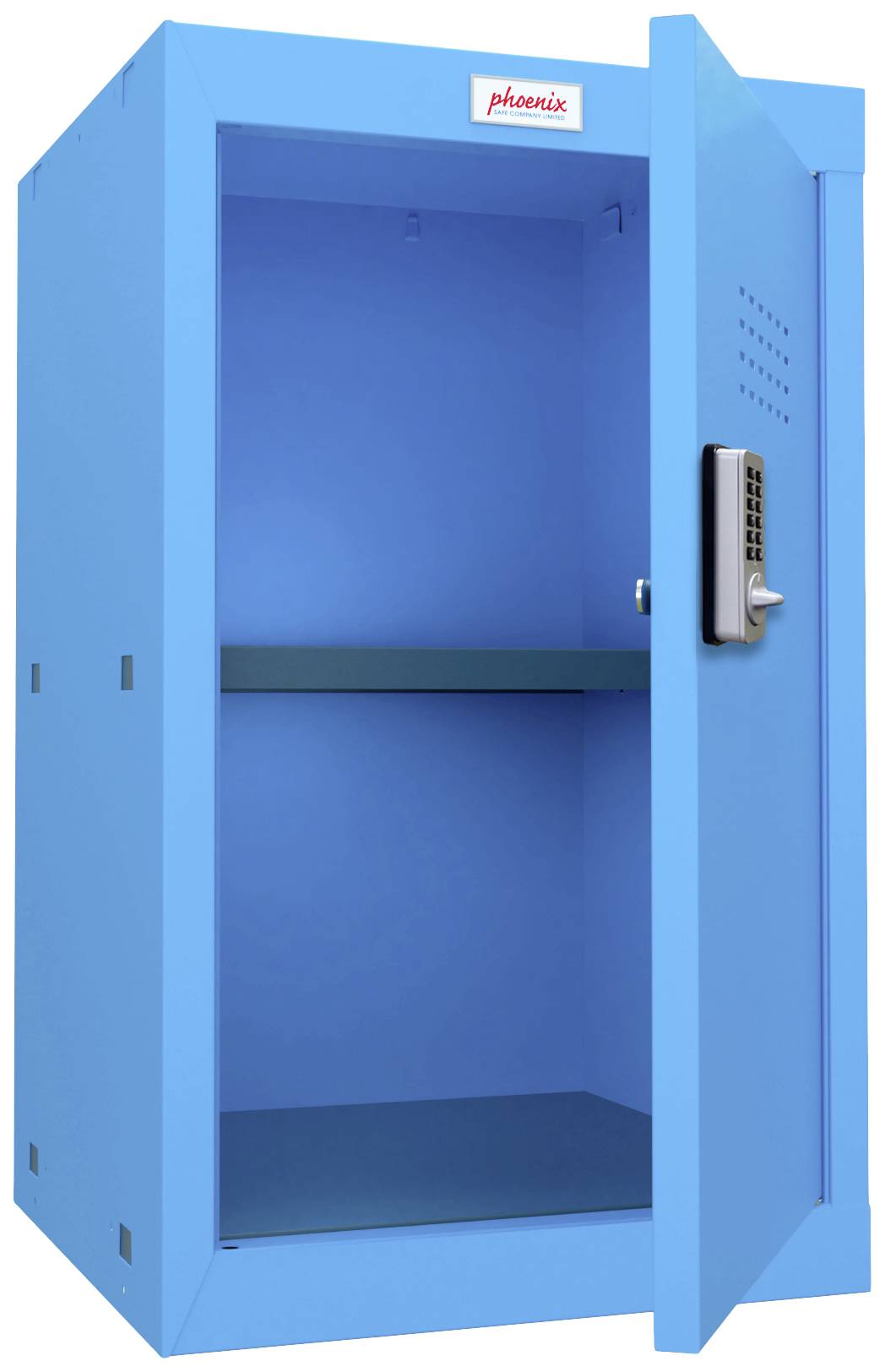 Blauwe metalen kast met een openstaand deurtje, digitale toetsenbordvergrendeling, een uitneembaar legbord binnenin.