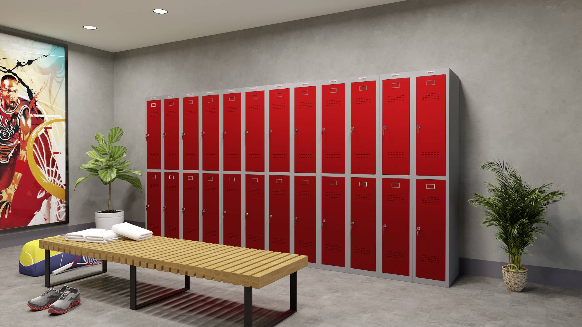 Een kleedruimte met rode lockers, een houten bank in het midden, planten in de hoeken en een paar sportschoenen op de vloer.