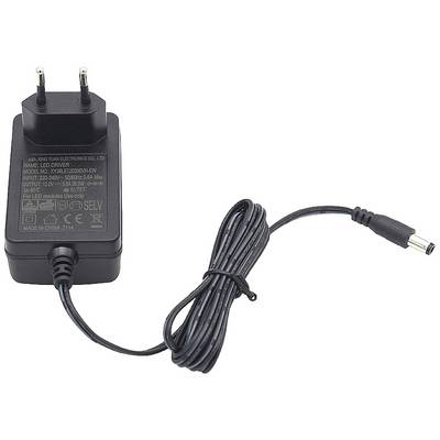 Zwart voedingsadapter met Europlug en kabel. Tekst op de voedingsadapter toont specificaties zoals modelnummer en ingangsspanning.