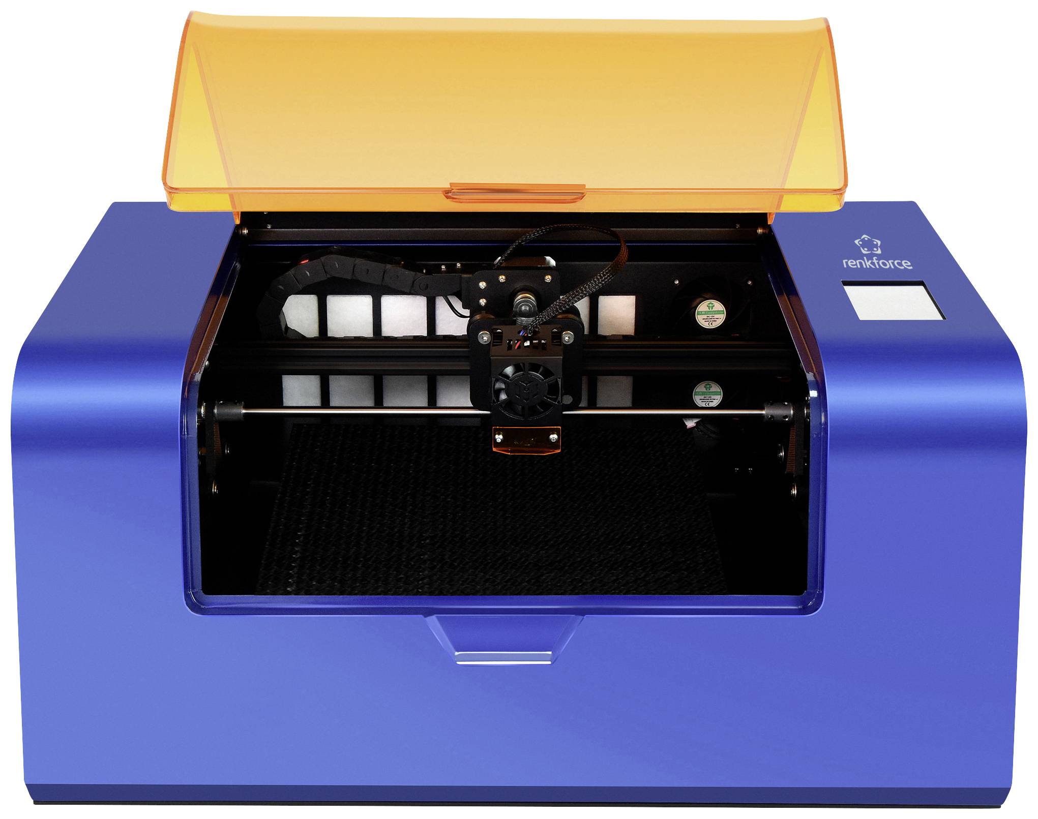 Een blauwe 3D-printer met open deksel toont het binnenste mechanisme. Hij wordt gebruikt voor het maken van driedimensionale objecten.