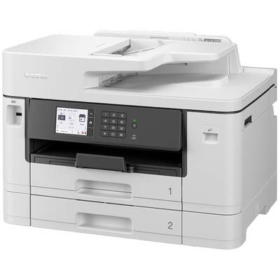 Een witte multifunctionele printer met twee papierladen, kleurendisplay en bedieningspaneel aan de voorkant. Ideaal voor kantooromgevingen.