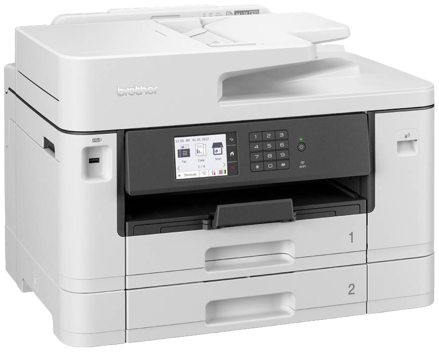 Een witte multifunctionele printer met twee papierlade's, een bedieningspaneel met scherm en knoppen aan de voorkant.