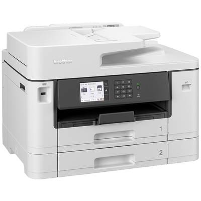 Een witte multifunctionele printer met twee papierlade's, een bedieningspaneel met scherm en knoppen aan de voorkant.