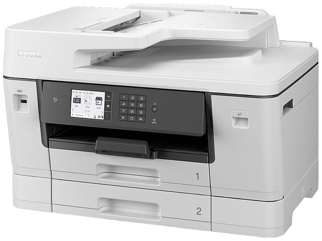 Een moderne, witte multifunctionele printer met een touchscreen-display en meerdere papierladen.