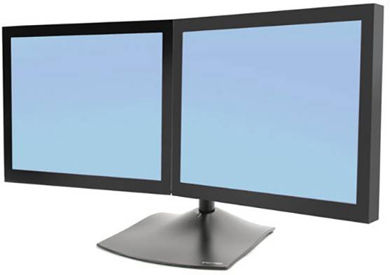 Twee zwarte LCD-monitoren naast elkaar op een gemeenschappelijke voet, tonen lege blauwe schermen.