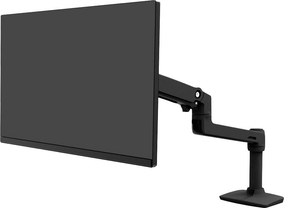 Een computerbeeldscherm, gemonteerd op een verstelbare arm. Het scherm is naar links gericht.