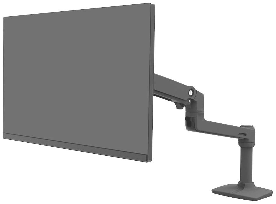 Een monitor met een flexibele, verstelbare arm die aan een tafel is bevestigd, maakt verschillende kijkhoeken mogelijk.