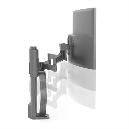 Metalen monitorstandaard met draaibare arm die een optimale schermpositionering mogelijk maakt. Geschikt voor bureaumontage.