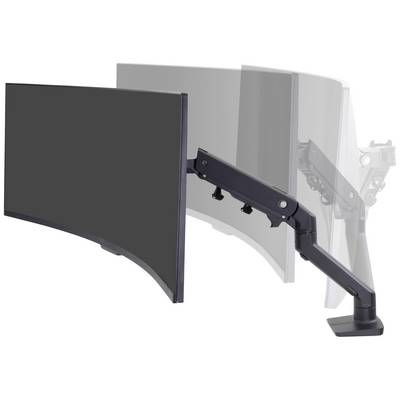 Een beweegbare monitorarm toont drie posities van een beeldscherm; de arm maakt een flexibele uitlijning van de monitor mogelijk.