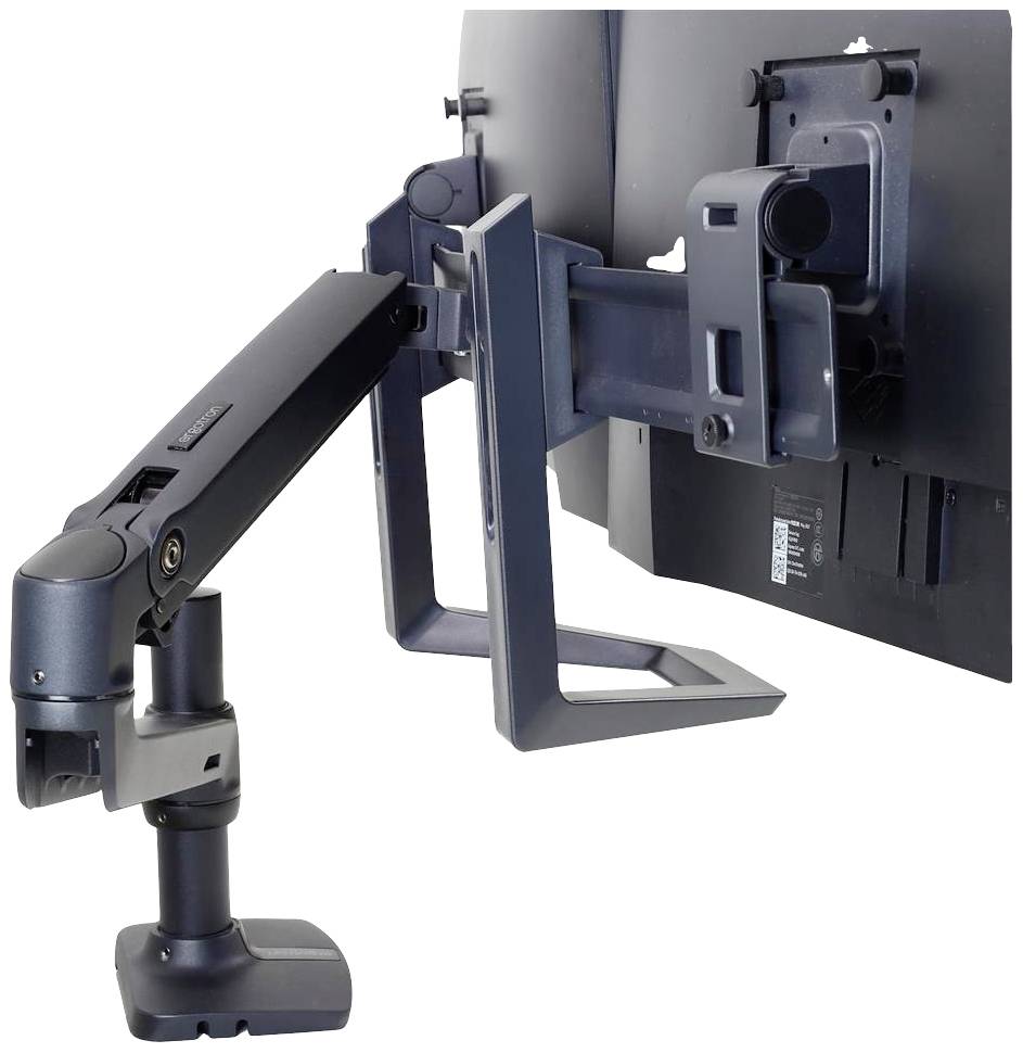 Monitorsteun van donker metaal, bevestigd aan een beeldscherm. De arm biedt flexibele instelmogelijkheden en bespaart ruimte op de werkplek.