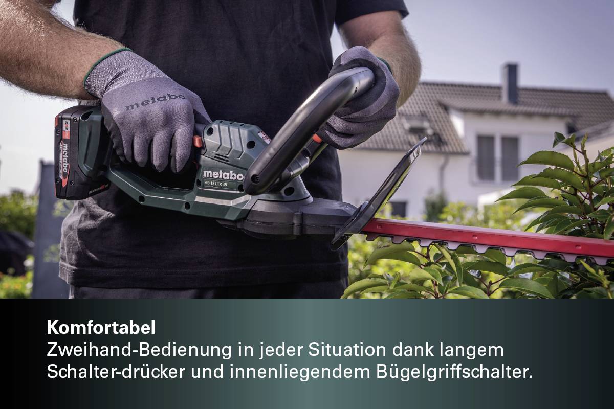 Een tuinman knipt een haag met een Metabo-heggenschaar. Tekst: 'Comfortabel. Tweehands bediening in elke situatie.'