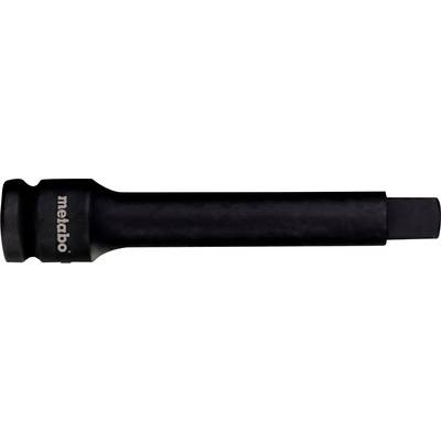Zwarte Metabo dofstekkeradapter of verlenging met vierkante aandrijfingave, horizontaal weergegeven op een witte achtergrond.