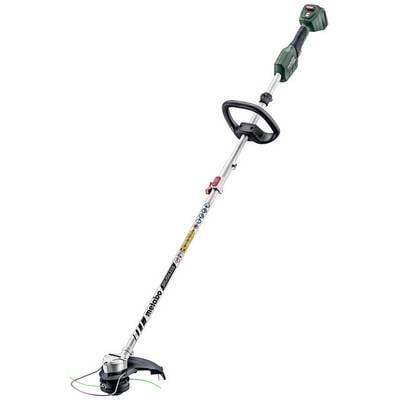 Draadloze string trimmer met lange schacht, zwart handvat en snijkop aan de onderkant, weergegeven op een witte achtergrond.
