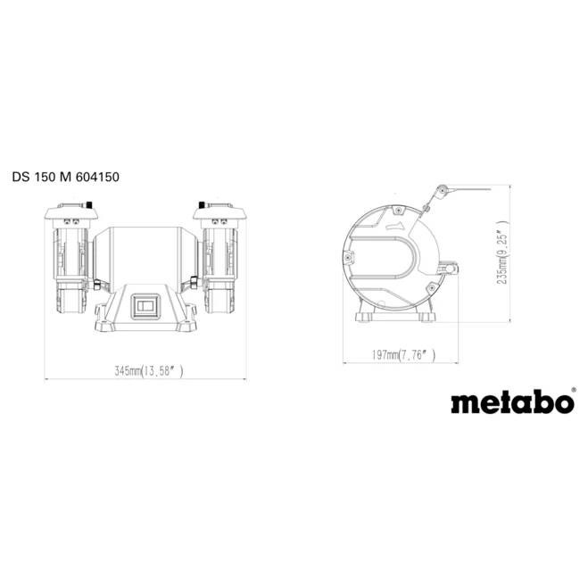 'Technische tekening van Metabo DS 150 M werkbankschuurmachine met afmetingen: 345mm breedte, 197mm diepte, 237mm hoogte.'