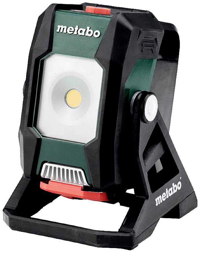 Draagbare LED-bouwlamp van Metabo met robuuste behuizing, geschikt voor verlichting op bouwplaatsen.