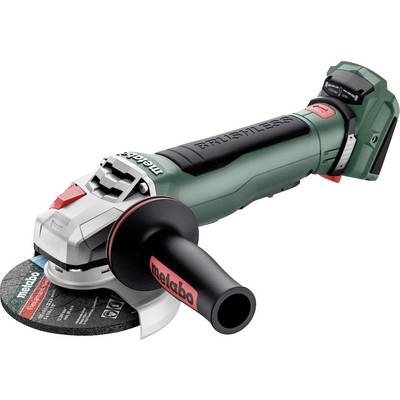 Draadloze Metabo haakse slijper met zijgreep en snijschijf, weergegeven op een witte achtergrond.