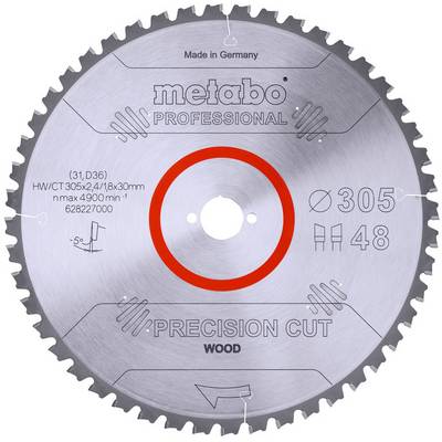 Metabo Professional nauwkeurige snijde houten cirkelzaagblad, gemarkeerd Ø305 en 48 tanden, gemaakt in Duitsland.