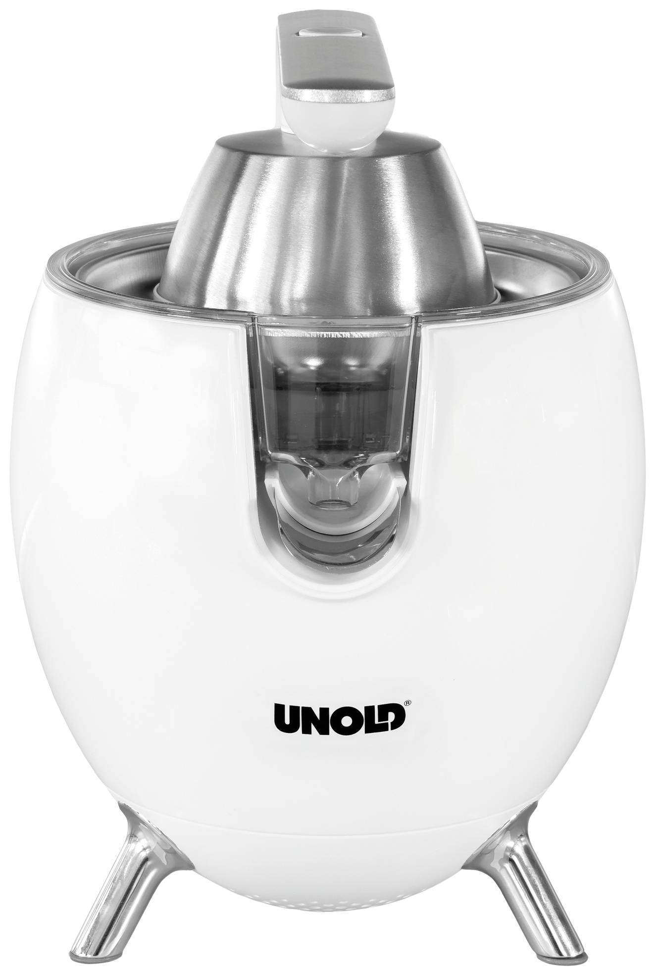 Elektrische citruspers van UNOLD in het wit met RVS-inzetstukken, compacte, ovale vorm, ideaal voor het uitpersen van sinaasappels en citroenen.