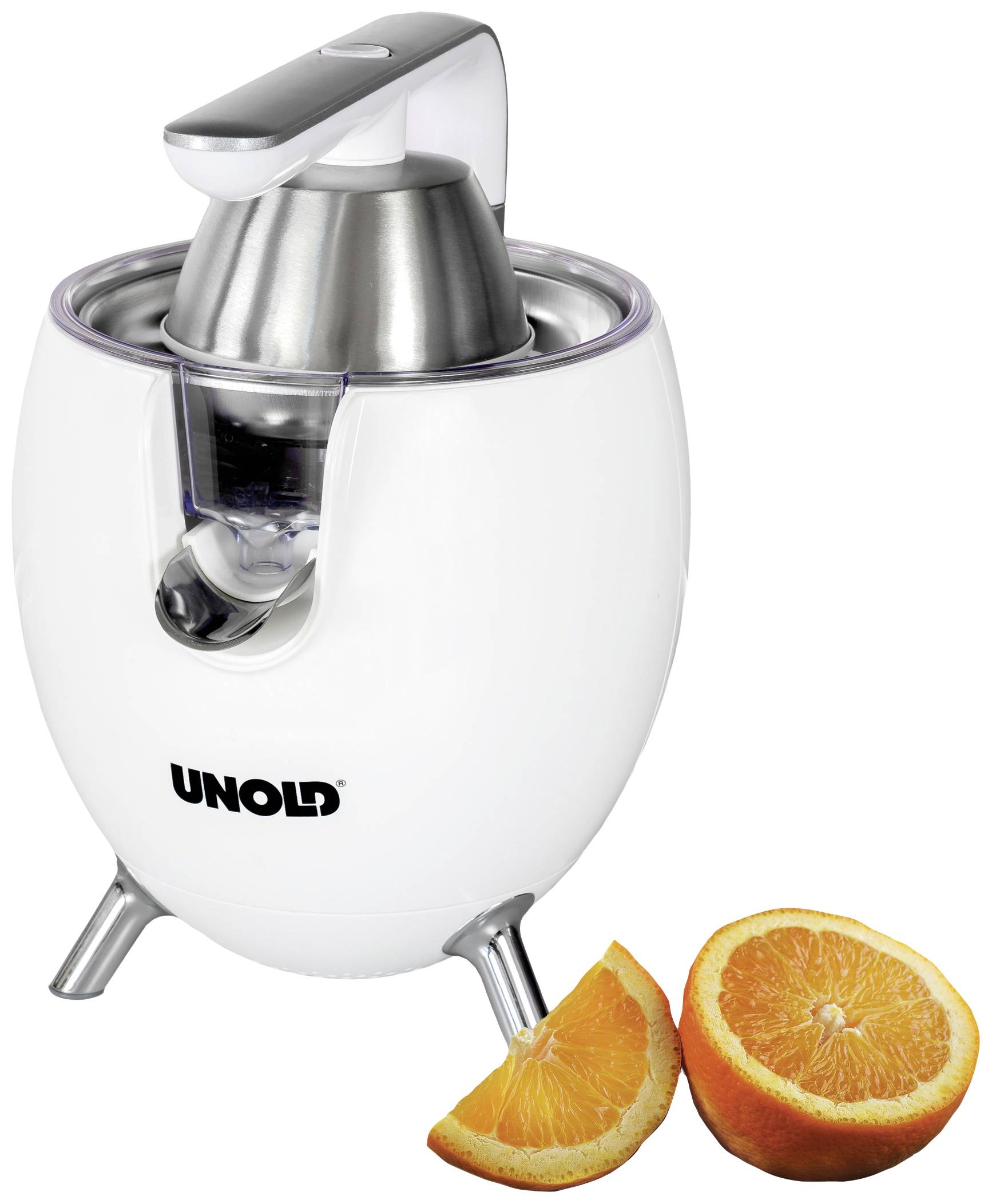 Elektrische citruspers met wit behuizing, RVS kegel en uitloop. Ervoor liggen twee sinaasappelschijven.
