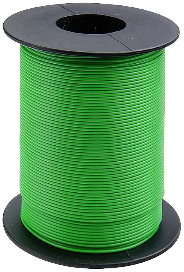 Een grote rol met groene draad, netjes opgerold in gelijkmatige windingen, met zwarte kunststof schijven aan beide uiteinden.