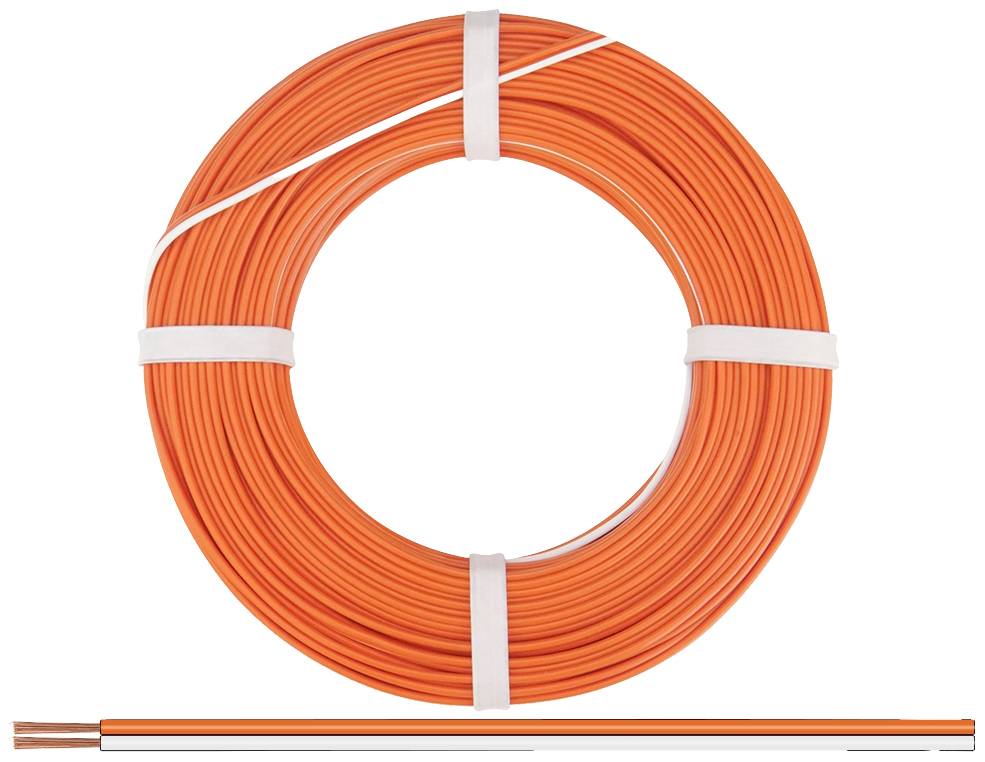 Een oranje kabel is opgerold. Onderaan is een gedetailleerde close-up van de kabel te zien, die een koperen draadkern onthult.