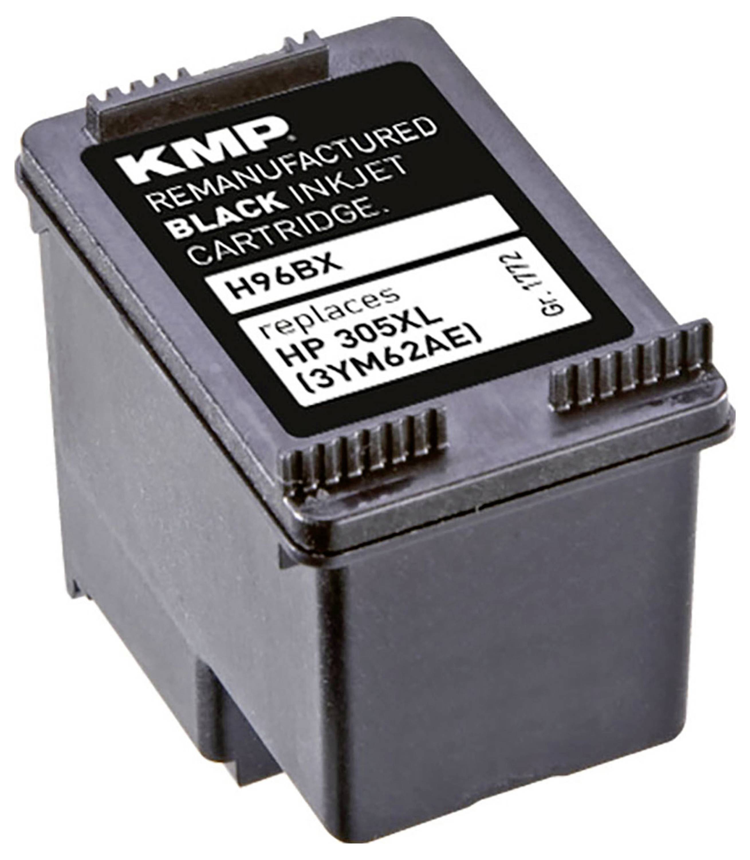 'KMP Gereviseerde Zwarte Inktcartridge, vervangt HP 305XL (3YM62AE), H96BX, Gr: 1112.' Zwarte cartridge met wit etiket.