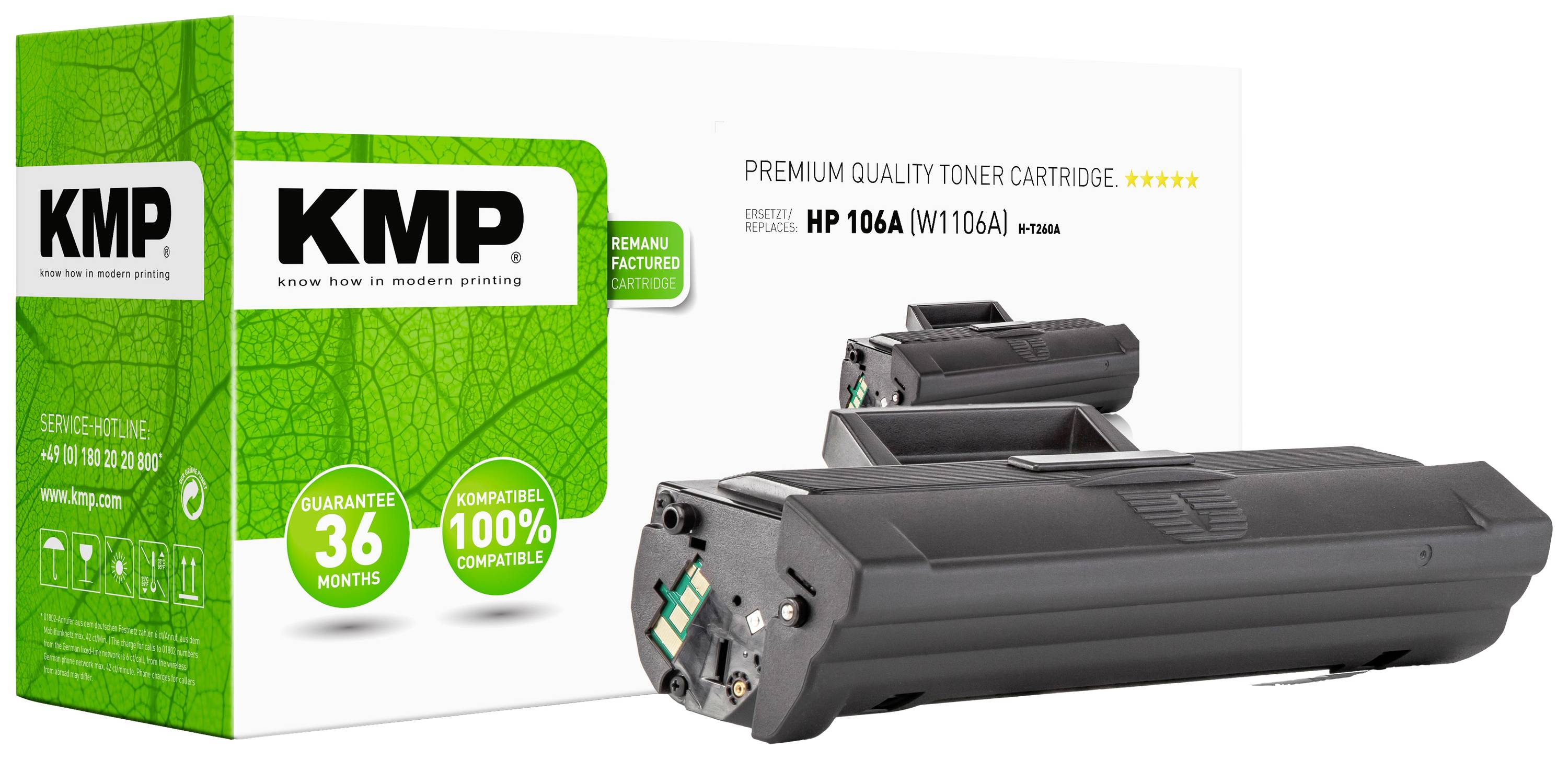 Tonercartridge KMP voor HP-printer, Model 106A, Recyclagemateriaal, 100% compatibel, 36 maanden garantie. Verpakking met milieukeurmerk.