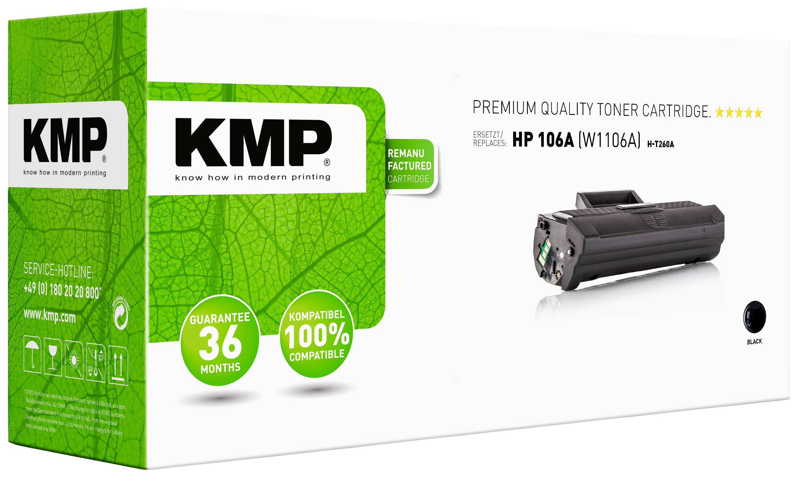 Een verpakking voor KMP-tonercartridge, compatibel met HP 106A, zwarte inkt, 36 maanden garantie, 100% compatibel.