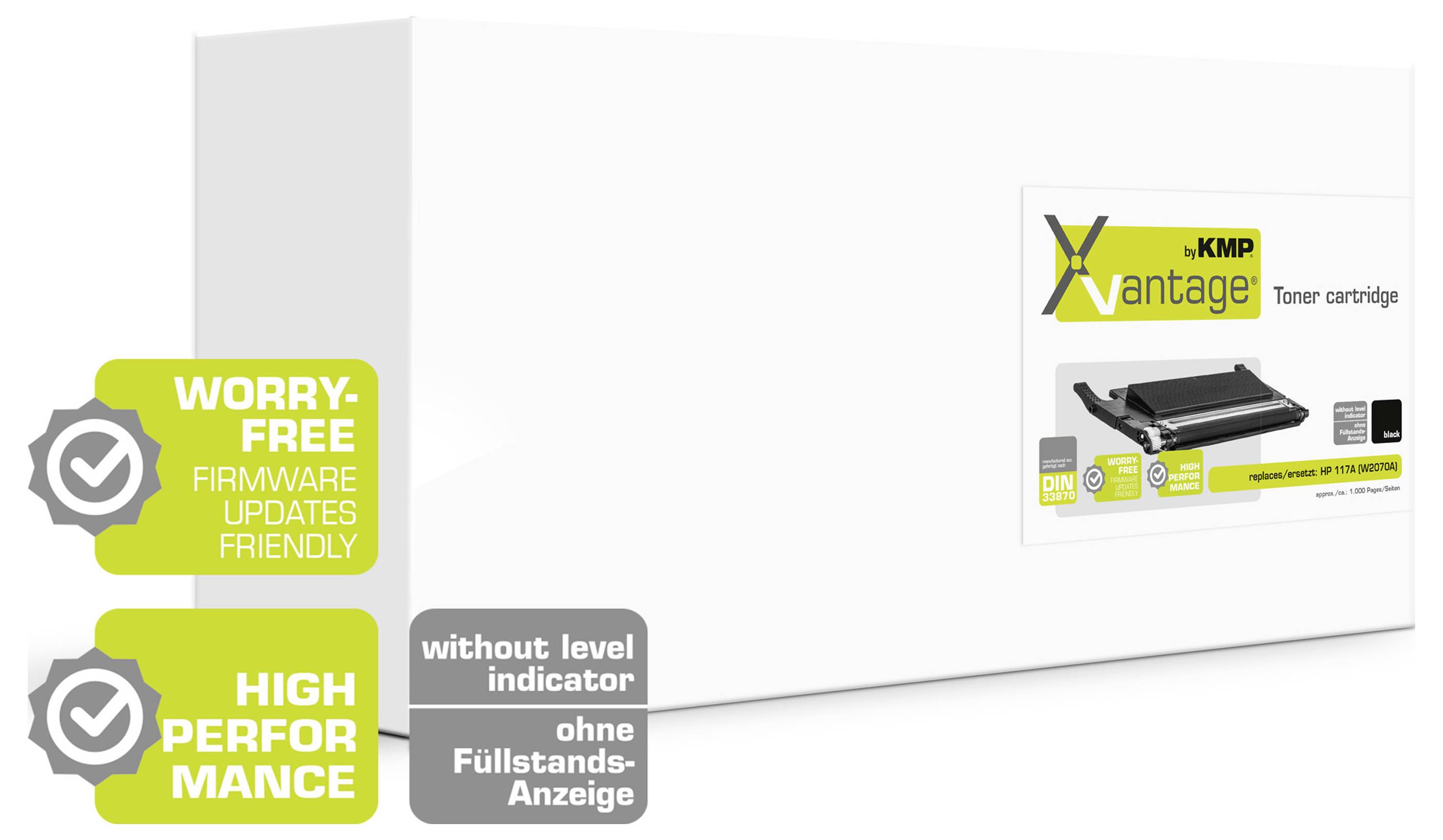 XKMP Vantage tonercartridge doos weergegeven met aanduidingen voor probleemloze firmware-updates en hoge prestaties, plus opmerking 'zonder vulniveauindicator' en 'ohne Füllstands-Anzeige'.