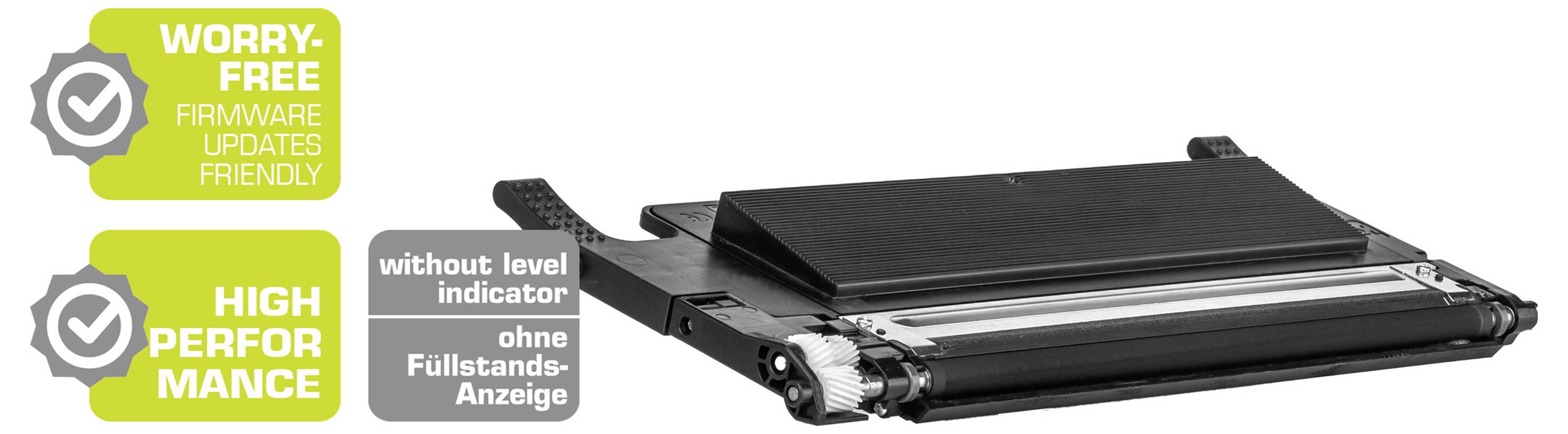 Printer tonercartridge met een volledig statusdisplay, gelabeld als zorgeloos firmware-update vriendelijk en hoog presterende.