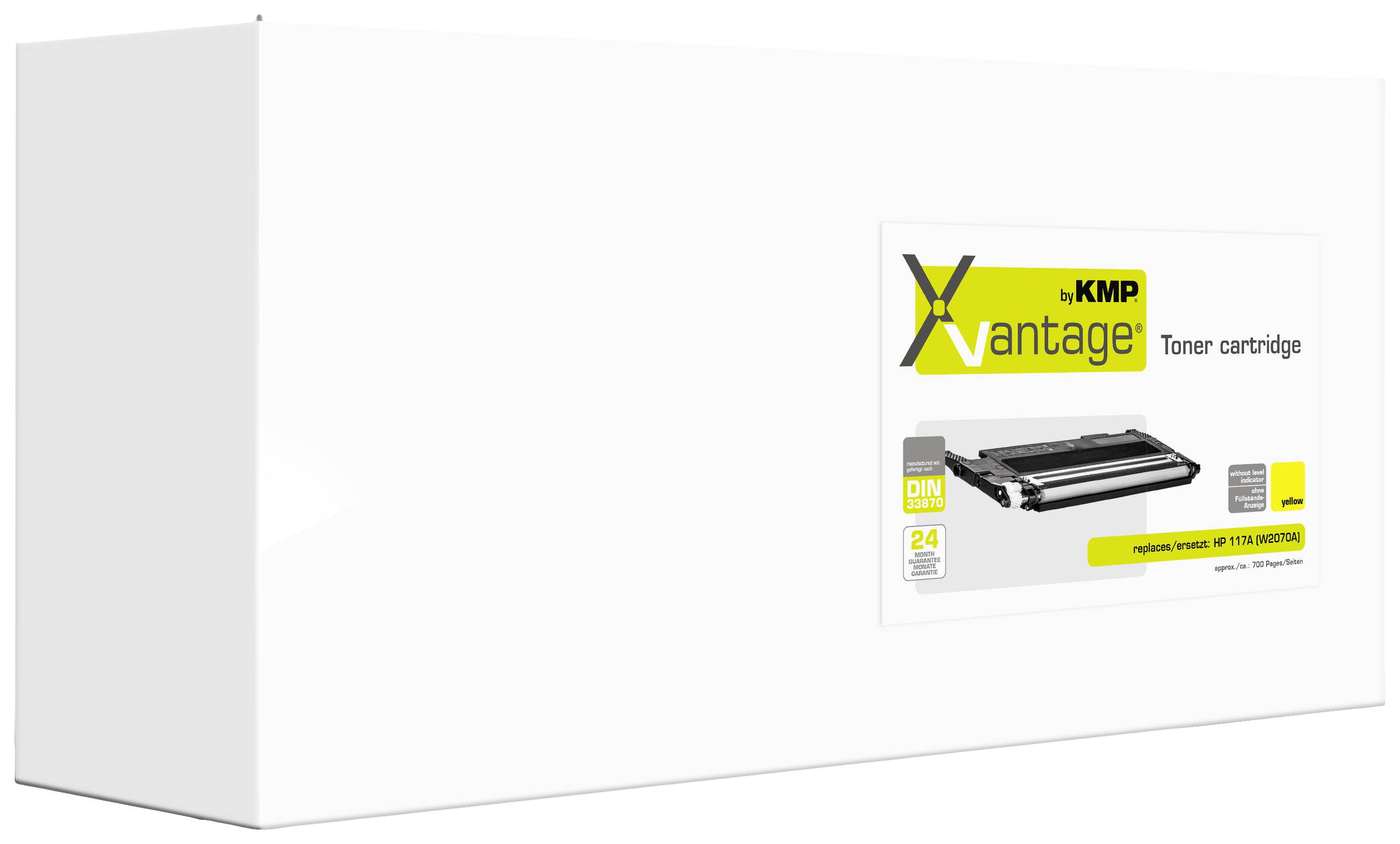 Witte verpakking van een KMP vantages tonercartridge, afgebeeld met modelnummer en compatibiliteitsinformatie.