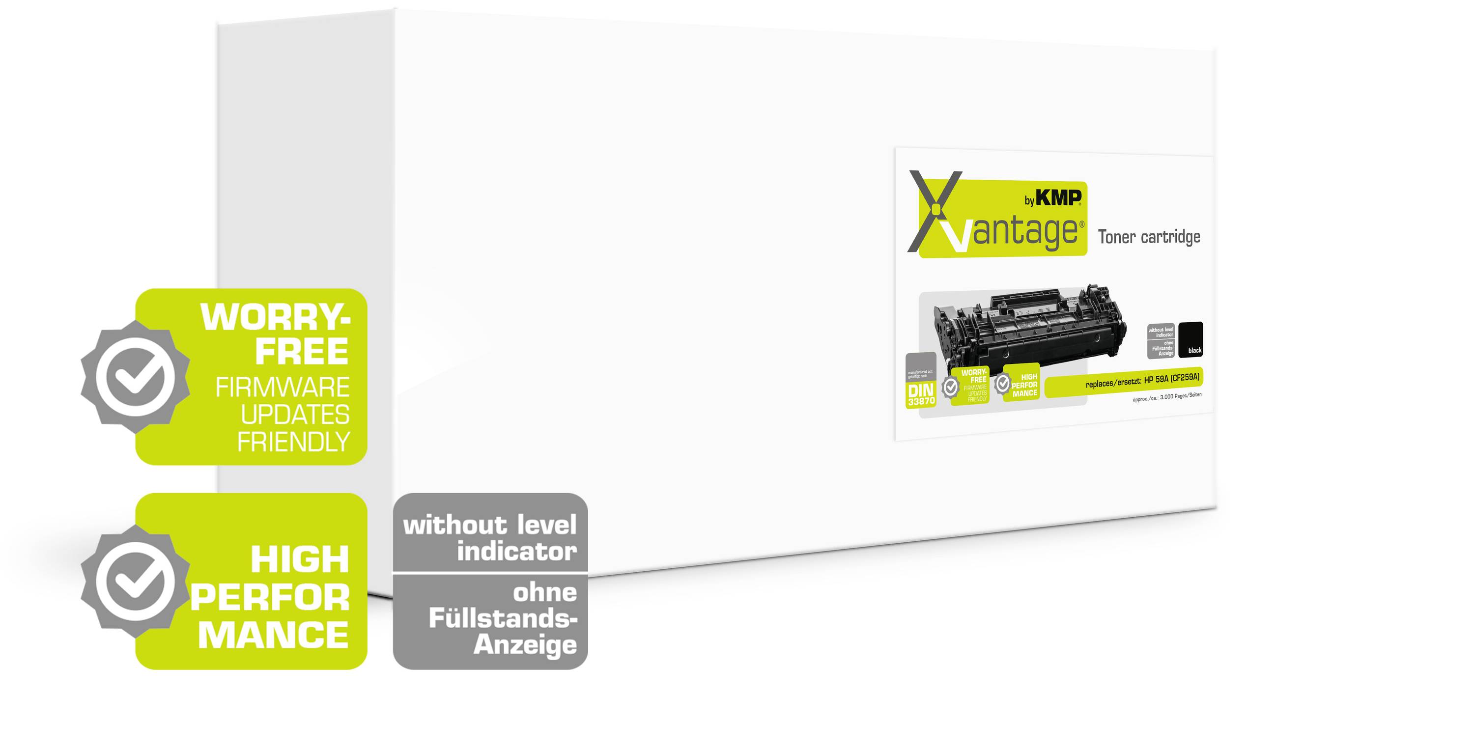 Witte verpakking met geel 'KMP Vantage'-logo, toont een toner. Aanwijzingen: 'Zorgeloos', 'Hoge prestaties', 'Zonder vulstandindicator'.