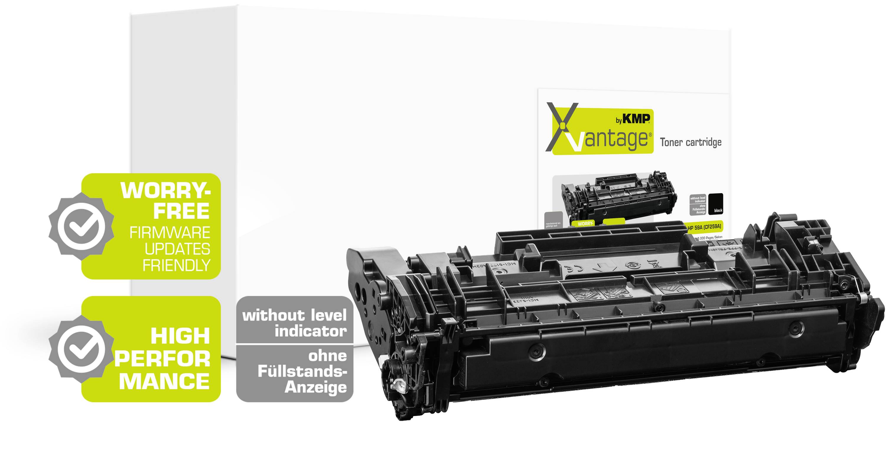 Tonerinktcassette van het merk KMP Vantage met verpakking. Tekst op de afbeelding: 'zorgeloze firmware-updates vriendelijk', 'hoge prestaties'.