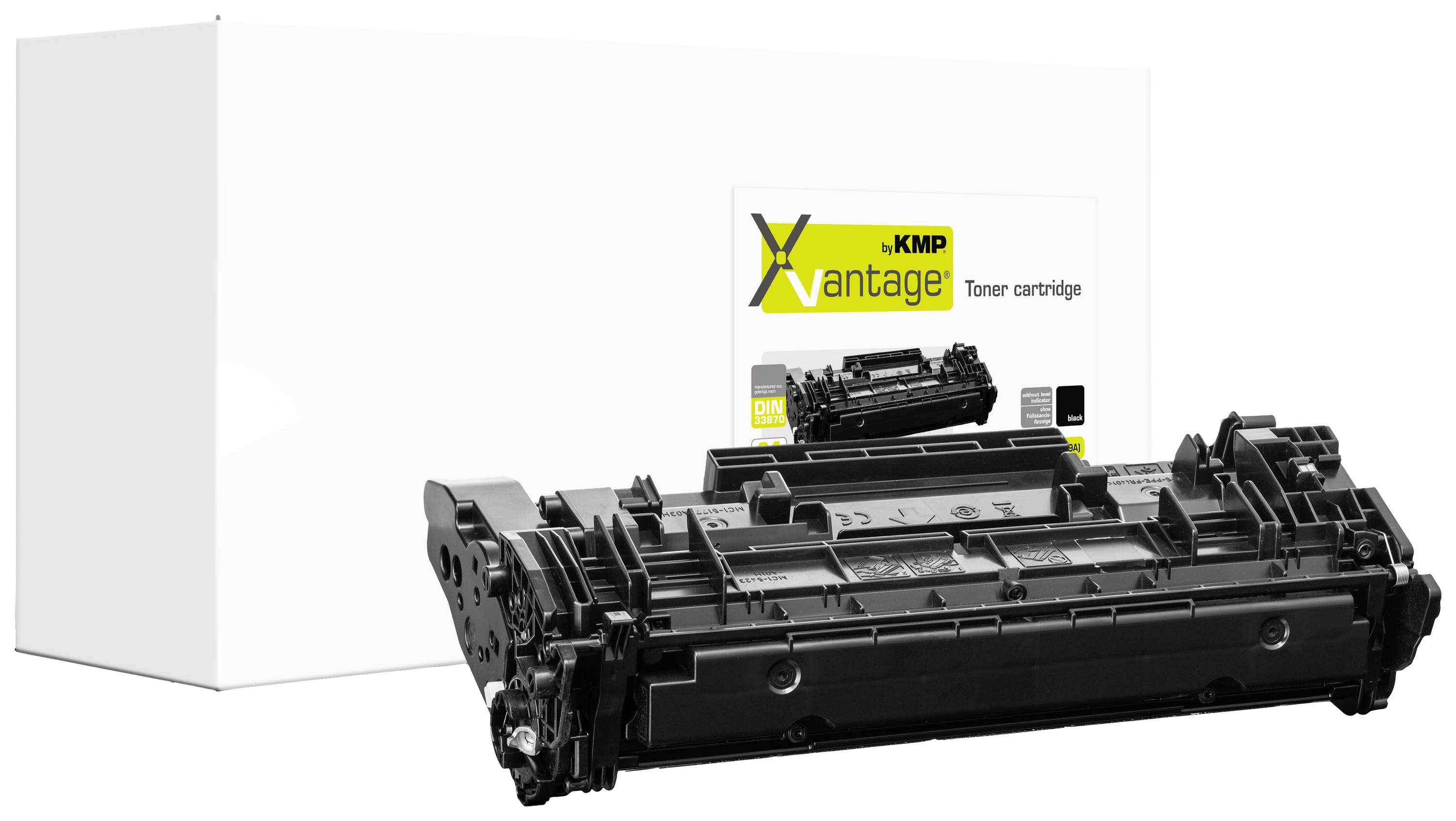 Tonercartridge voor een verpakking met het opschrift 'x.KMP Vantage Toner cartridge'. Hij is zwart en geschikt voor printers.