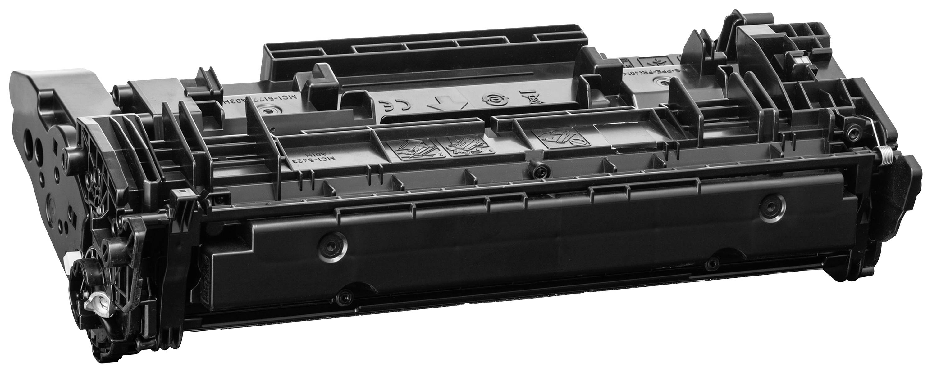 'Zwarte tonercartridge, vervaardigd uit kunststof, op witte achtergrond. Geschikt als vervangingsonderdeel voor printers.'
