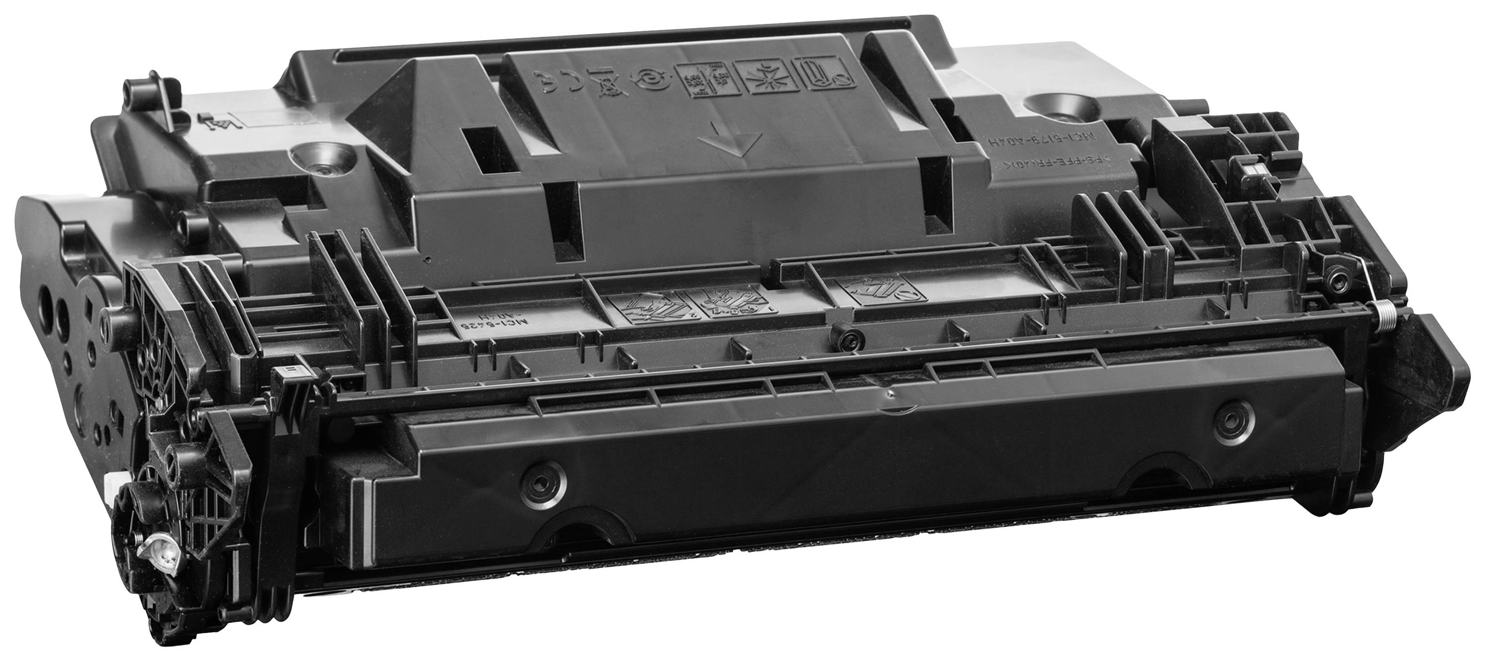 Zwarte tonercartridge voor printer, gezien van opzij. Bevat meerdere etiketten en structurele onderdelen. Geschikt voor laserprinters.