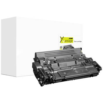 Een zwarte tonerpatroon ligt voor een witte verpakking die gelabeld is met 'Xvantage Toner cartridge'.