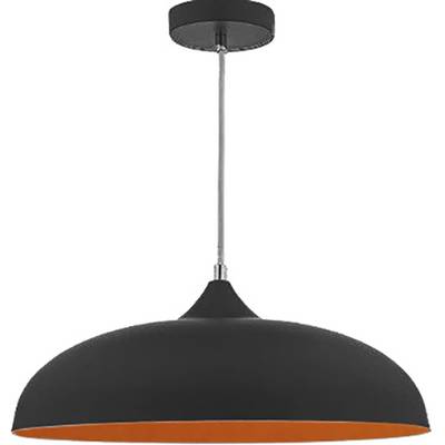Zwarte plafondlamp met oranje binnenkant en een langwerpige zilveren steun voor montage aan het plafond.