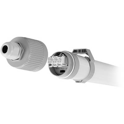 Een open LED-buis met zichtbaar aansluitingsmechanisme, geschikt voor elektrische verbindingen in verlichtingssystemen.