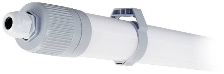 Een witte, cilindrische waterfilter met een grijze aansluiting en houder. Voornamelijk gebruikt voor waterbehandeling.