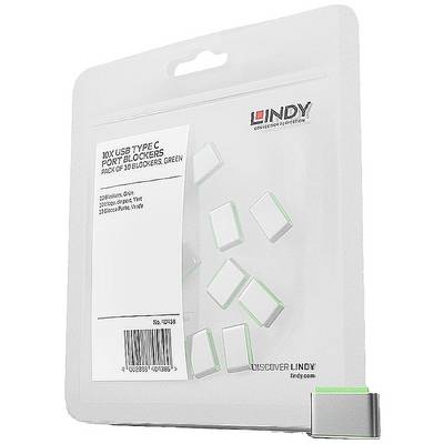 Verpakking met 10 USB-C-poortblokkers van Lindy, groen. Productafbeelding op witte achtergrond.
