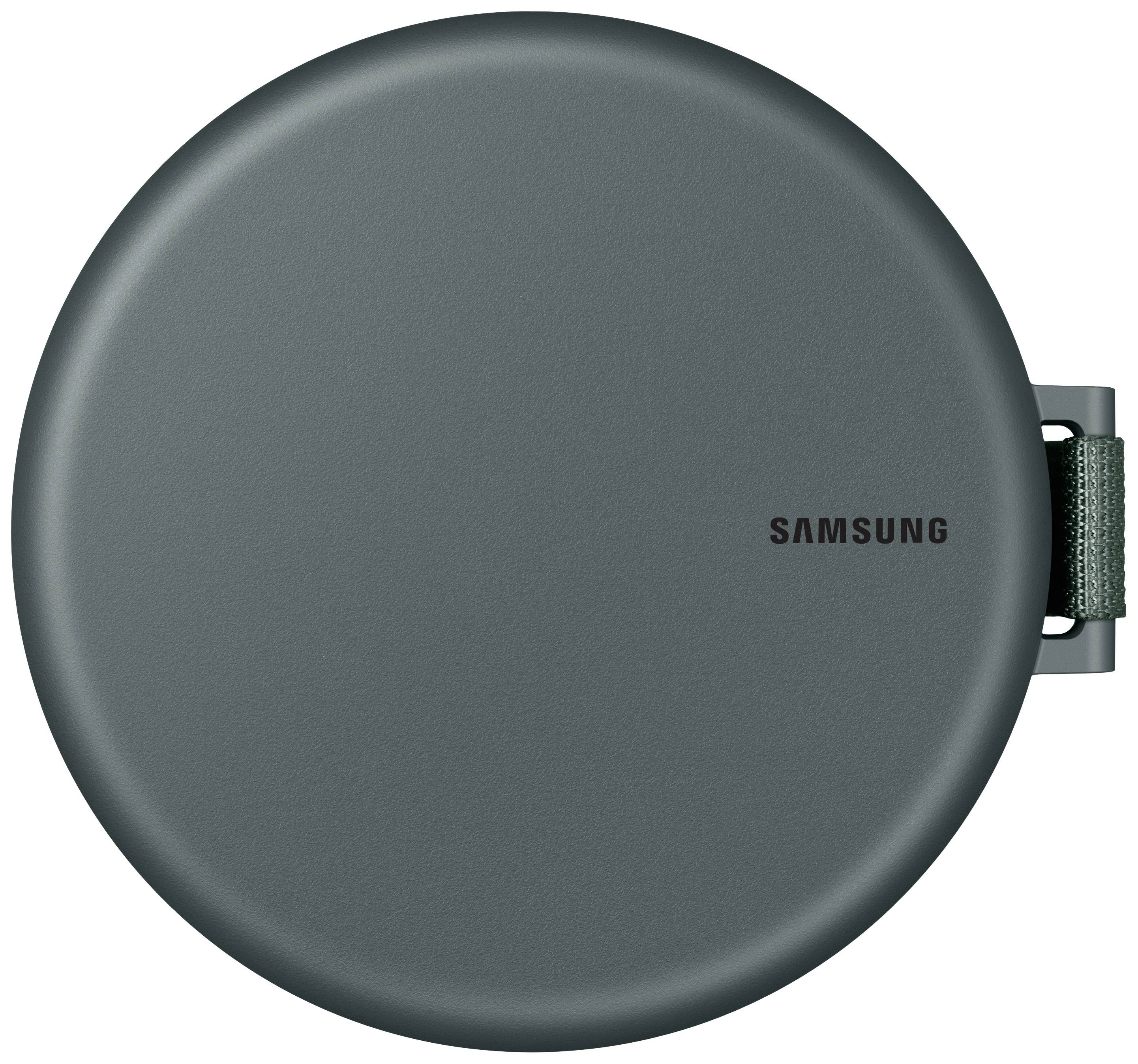Rond, donkergroen laadstation met Samsung-logo, compact en draagbaar, geschikt voor draadloos opladen van apparaten.