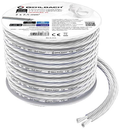 Witte kabelrol met het opschrift 'Oehlbach'. Opdruk '2x2.5mm²', geschikt voor luidsprekers tot 180 Watt vermogen.